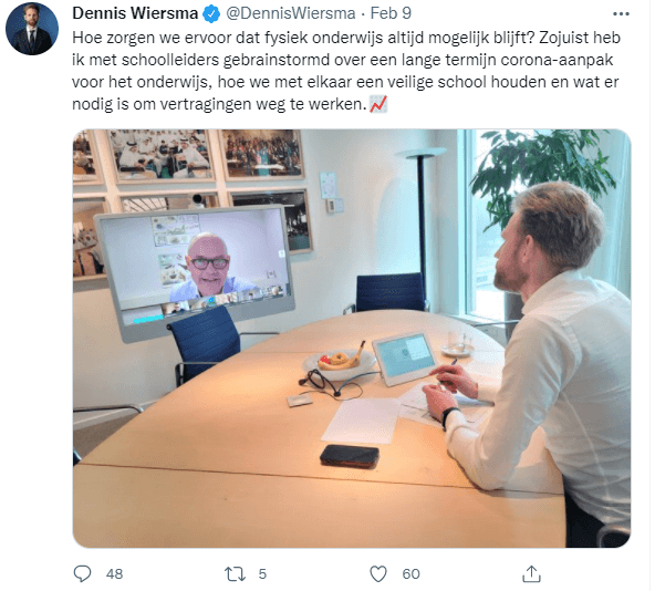 Tweet van Dennis Wiersma over fysiek lesgeven tijdens corona