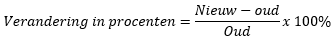 Procentuele verandering formule nieuw minus oud gedeeld door oud