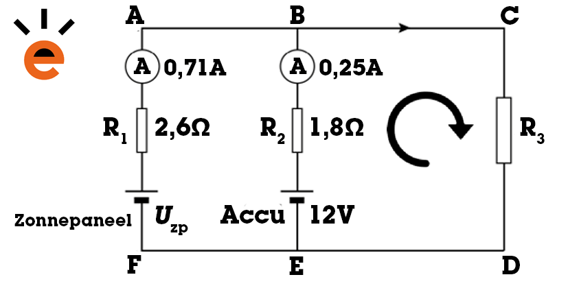 Voorbeeld beide wetten van Kirchhoff met pijl