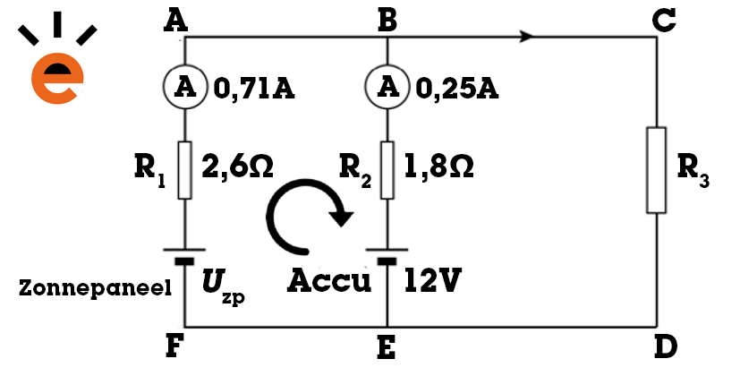 Voorbeeld beide wetten van Kirchhoff verandering potentiaalverschil